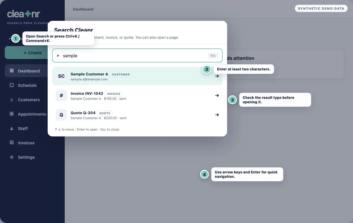 Annotated Cleanr global search showing a query plus customer, invoice, and quote results with result-type labels