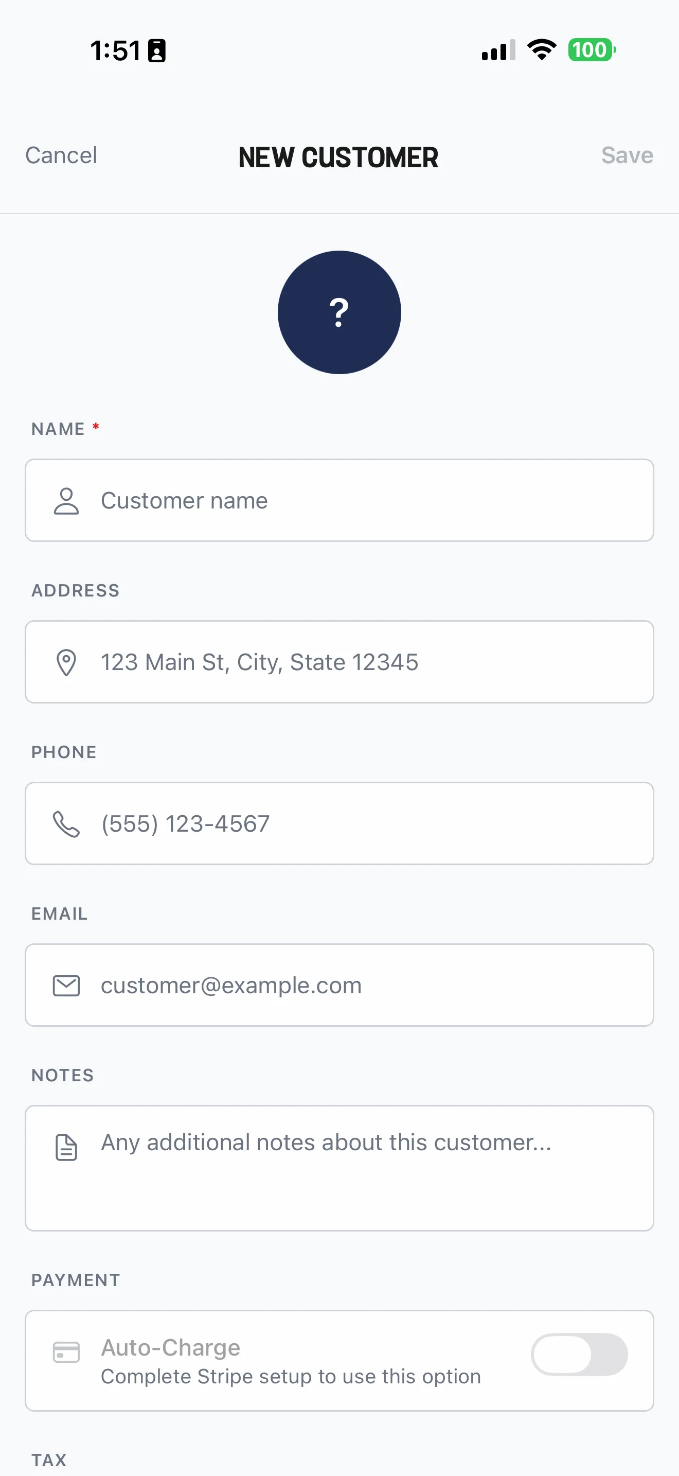 The New Customer form in the Cleanr iPhone app