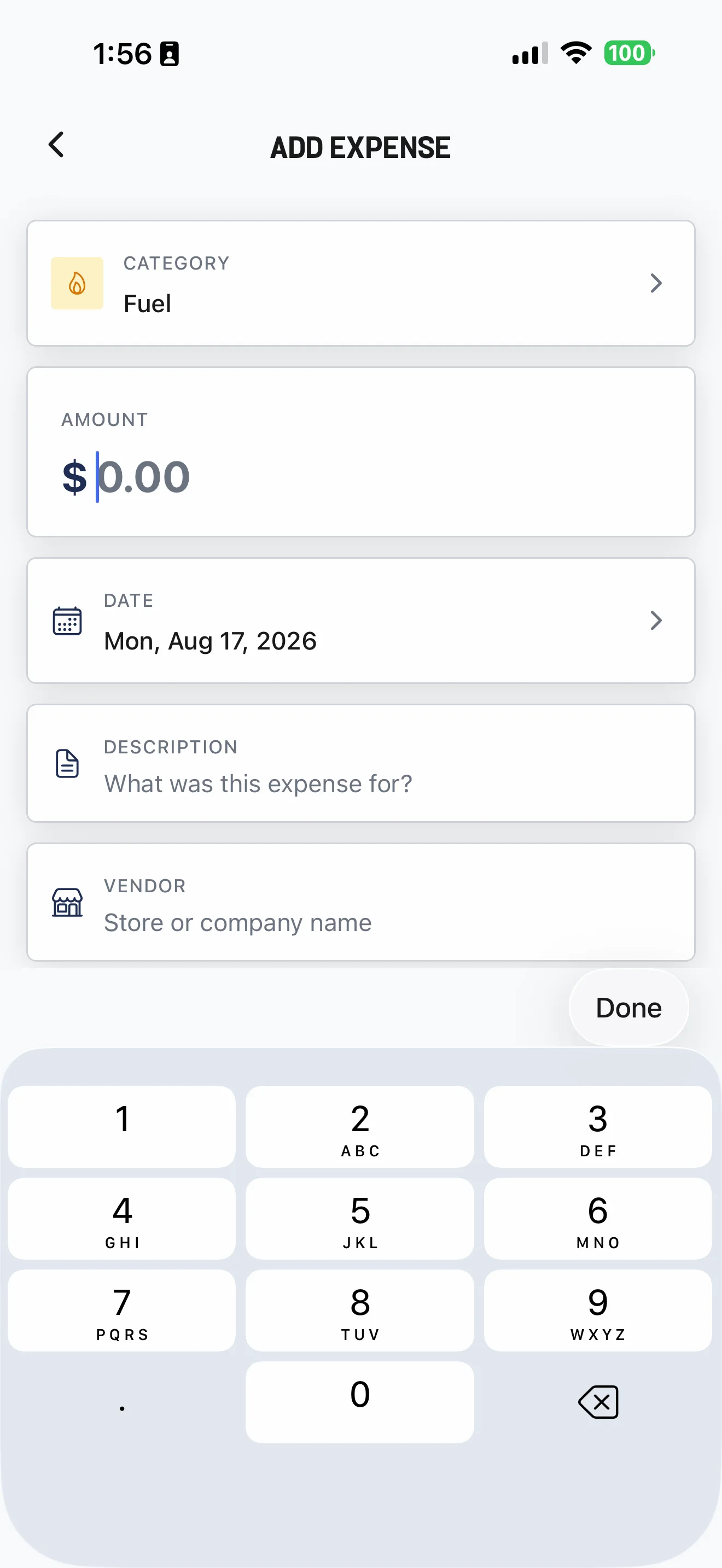 Empty Add Expense form in the Cleanr iPhone app