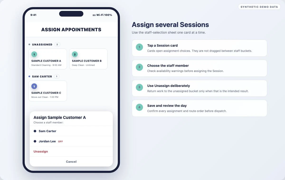 Annotated Cleanr iPhone Assign Appointments screen showing Session cards and the staff-selection sheet