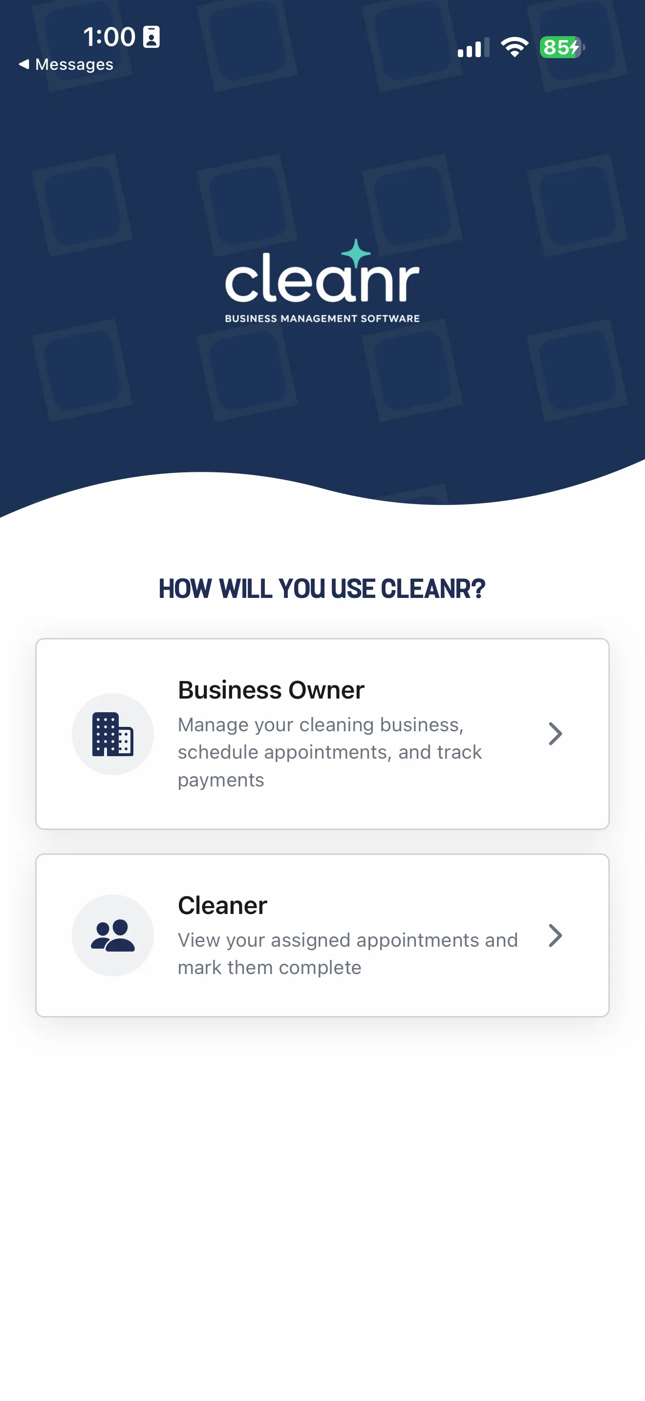 Cleanr iPhone screen offering Business Owner and Cleaner sign-in paths