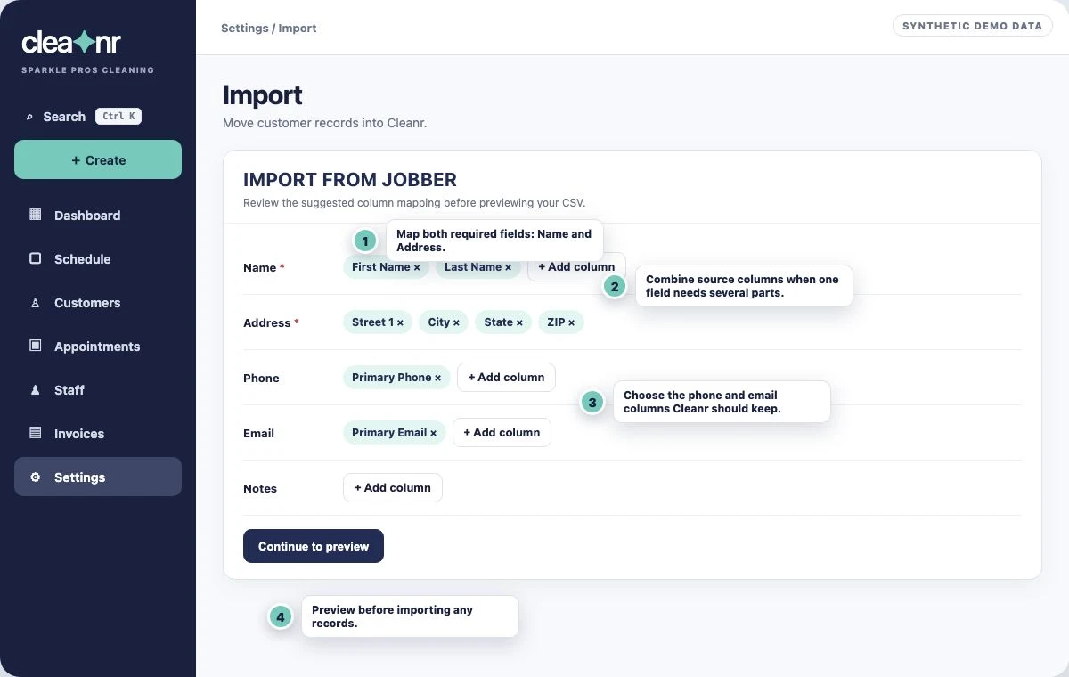 Annotated Cleanr Jobber import mapping with required name and address fields, combined source columns, and preview action