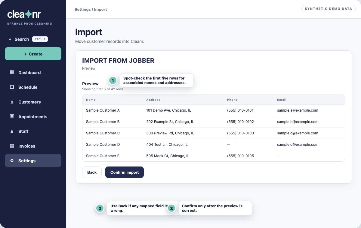 Annotated Cleanr Jobber import preview showing five synthetic customer rows, Back, and Confirm import