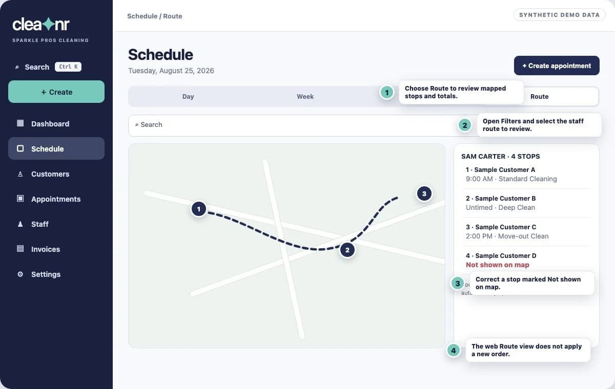Annotated Cleanr web Route view showing the active Route tab, staff filter, mapped stops, and missing-address warning
