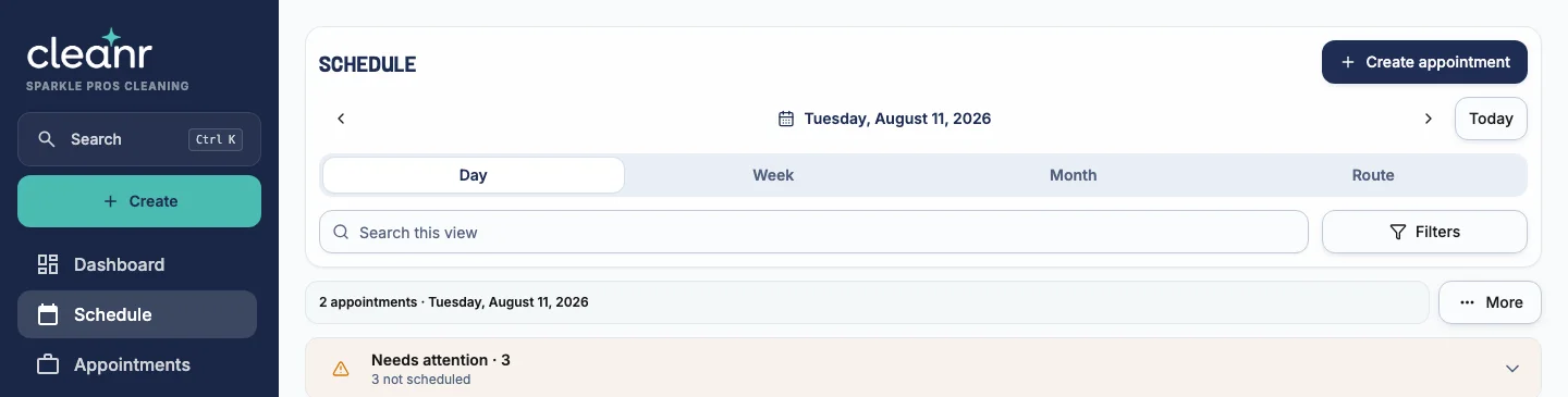 Cleanr web schedule controls with Day, Week, Month, Route, search, filters, and Needs attention