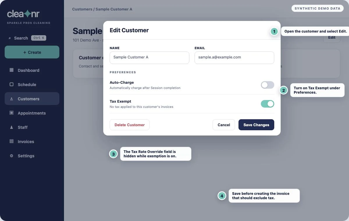 Annotated Cleanr Edit Customer dialog showing the Tax Exempt preference enabled and Save Changes